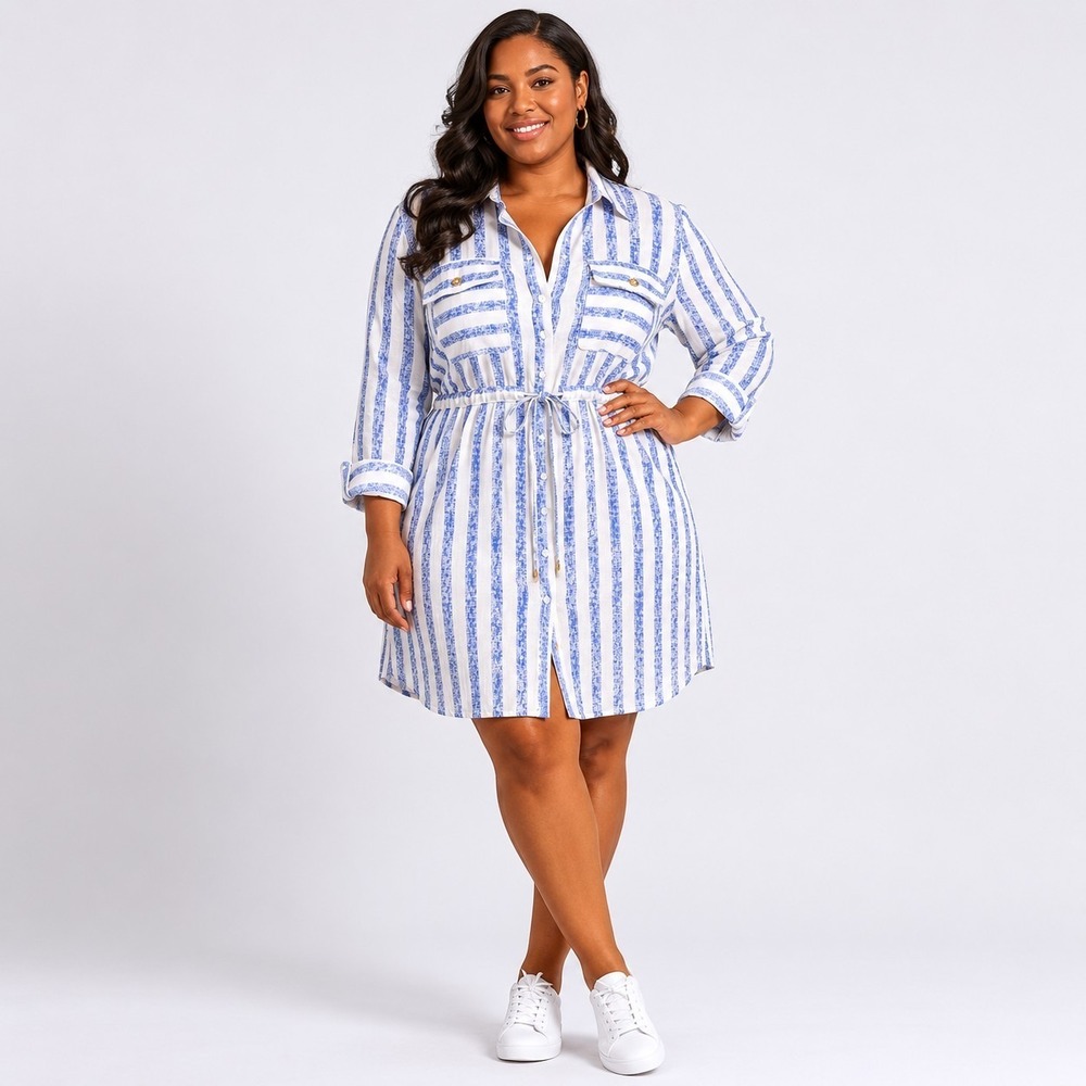 PASSPORT Size Large Blue White Striped Nautical Button Up Drawstring Shirtdress